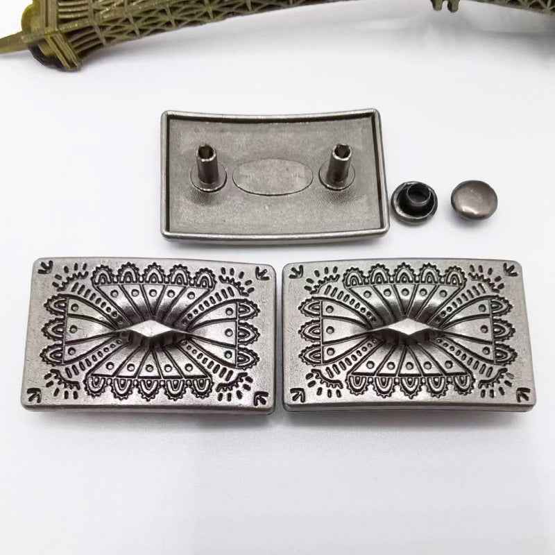 Antique silver floral metal tag rivet studs, rectangular design with back posts