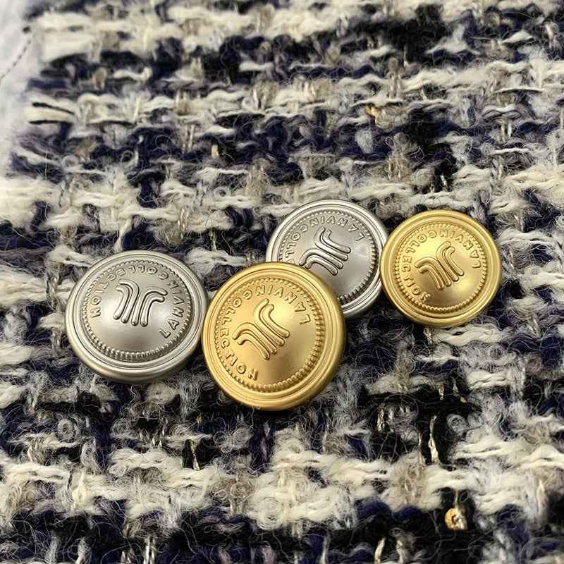 Round frosted metal shank buttons in silver and gold, embossed motif set
