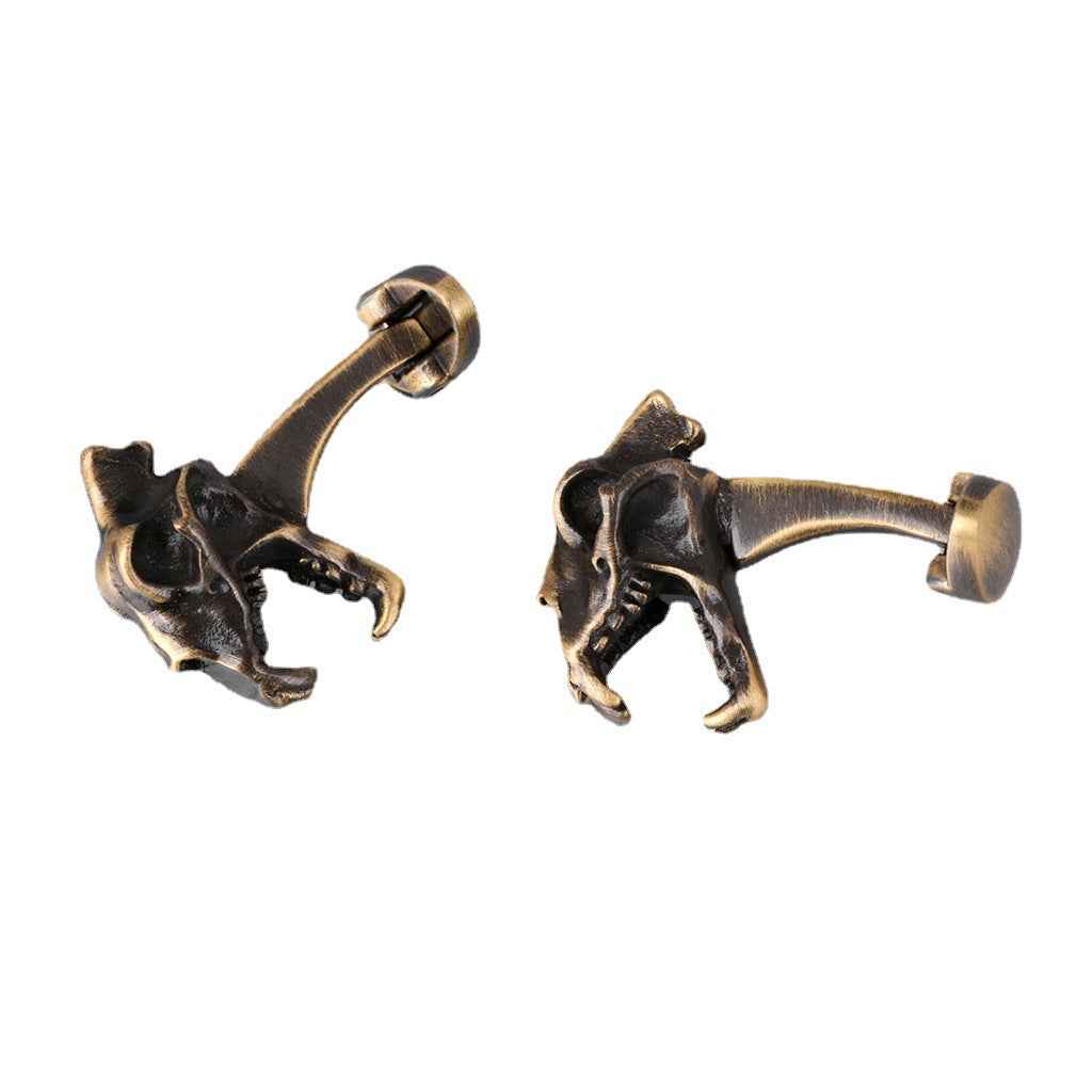 Vintage Bronze Dinosaur Skull cufflinks, detailed skull on hinged bar