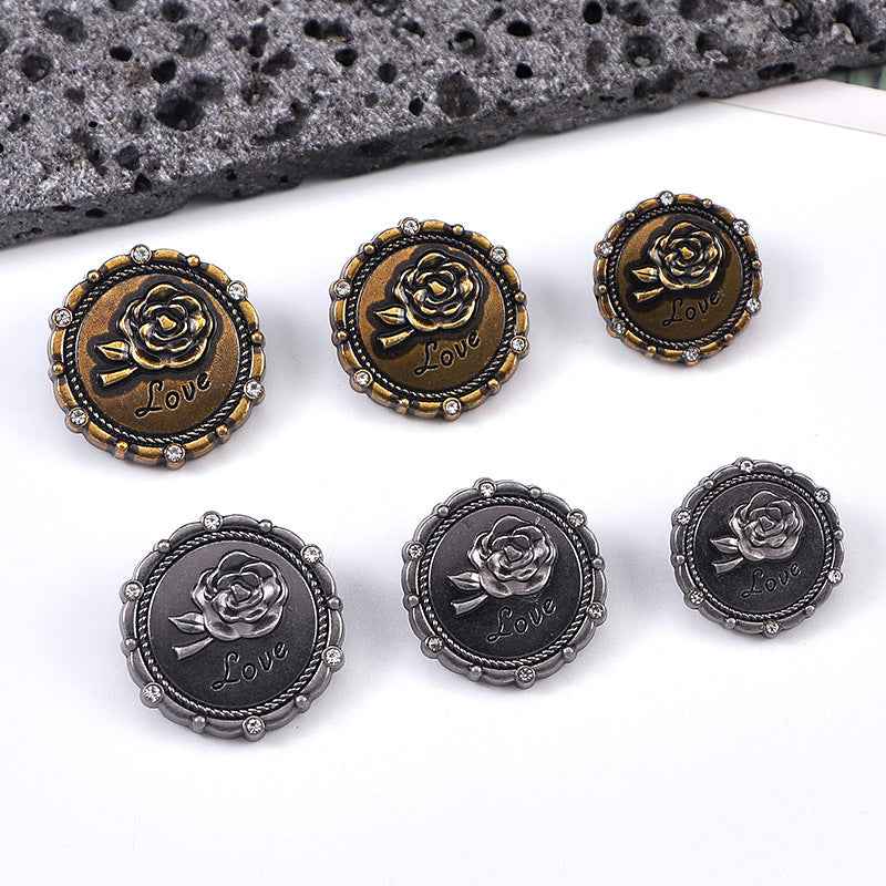 Round rose metal shank buttons, antique gold, front "Love" rose rhinestone (20 pcs)