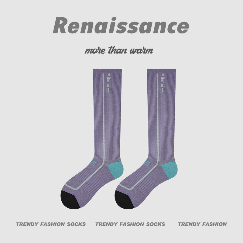 Lavender compression running socks with teal heel accents and black toe, women’s crew