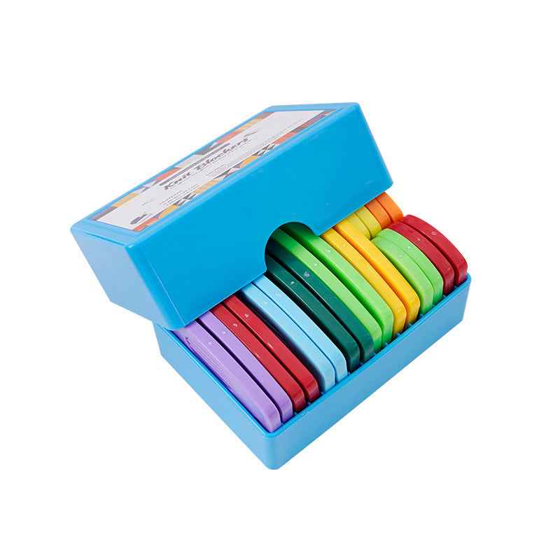 Colorful knit blocking pin kit with multicolor combs in blue storage case