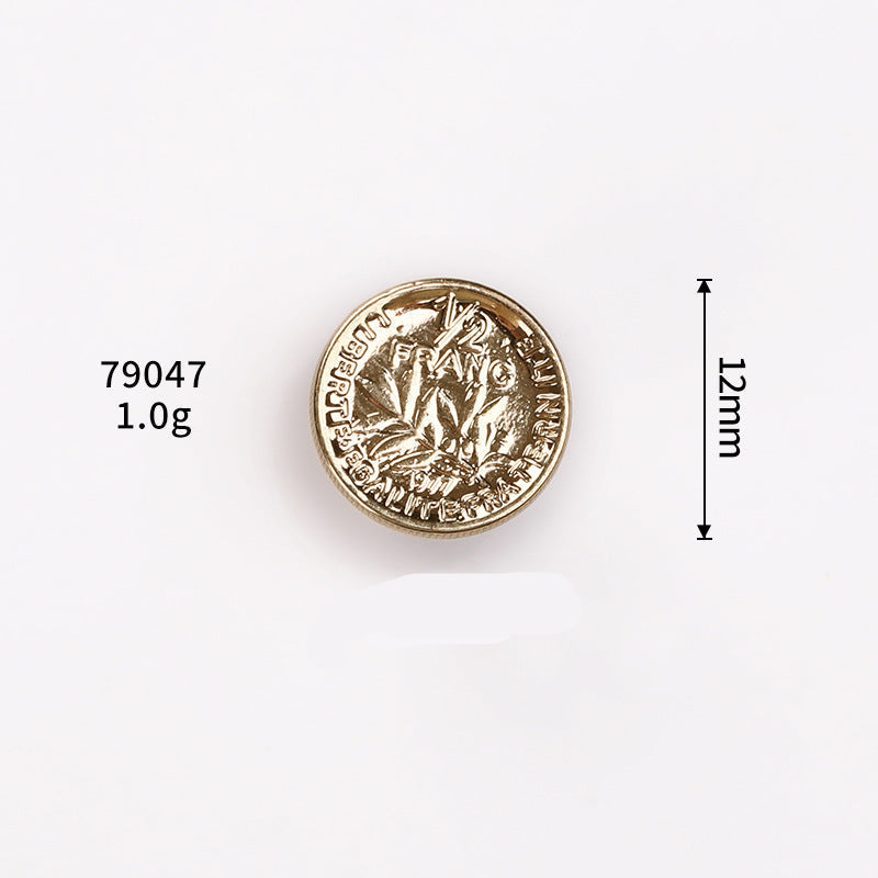 Gold tone round button with embossed coin design, 12mm metal shank