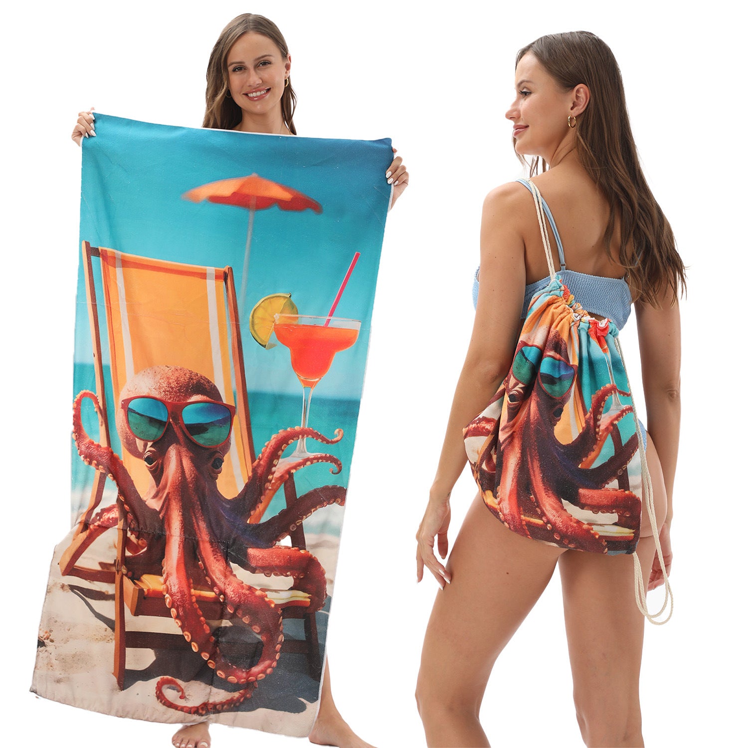 2-in-1 Foldable Printed Beach Towel Built-In Storage Bag