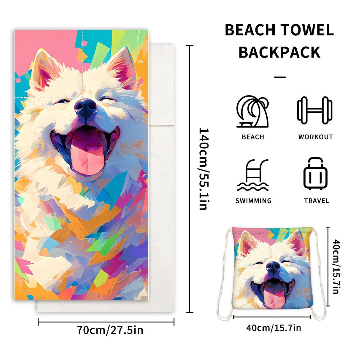 2-in-1 Foldable Printed Beach Towel Built-In Storage Bag