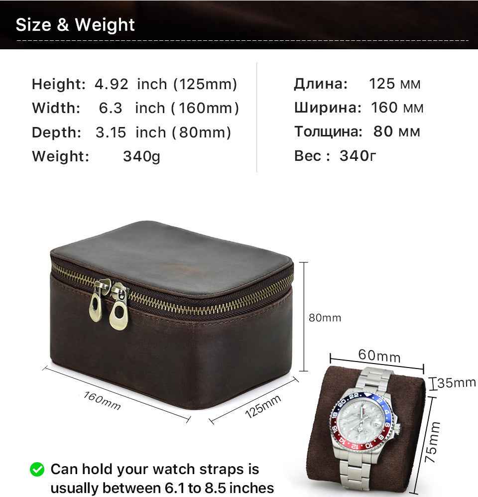 Genuine Leather Watch Travel Case with Double Metal Zippers