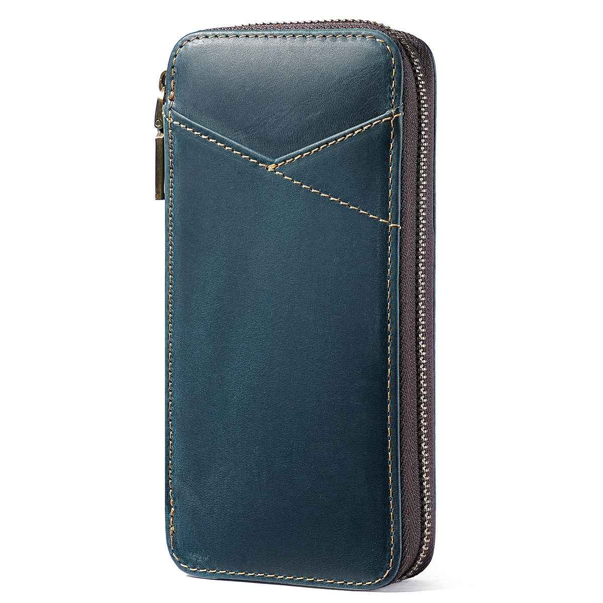 Leather Pencil Case – Handmade Zipper Pen Pouch with 7 Organized Slots Blue