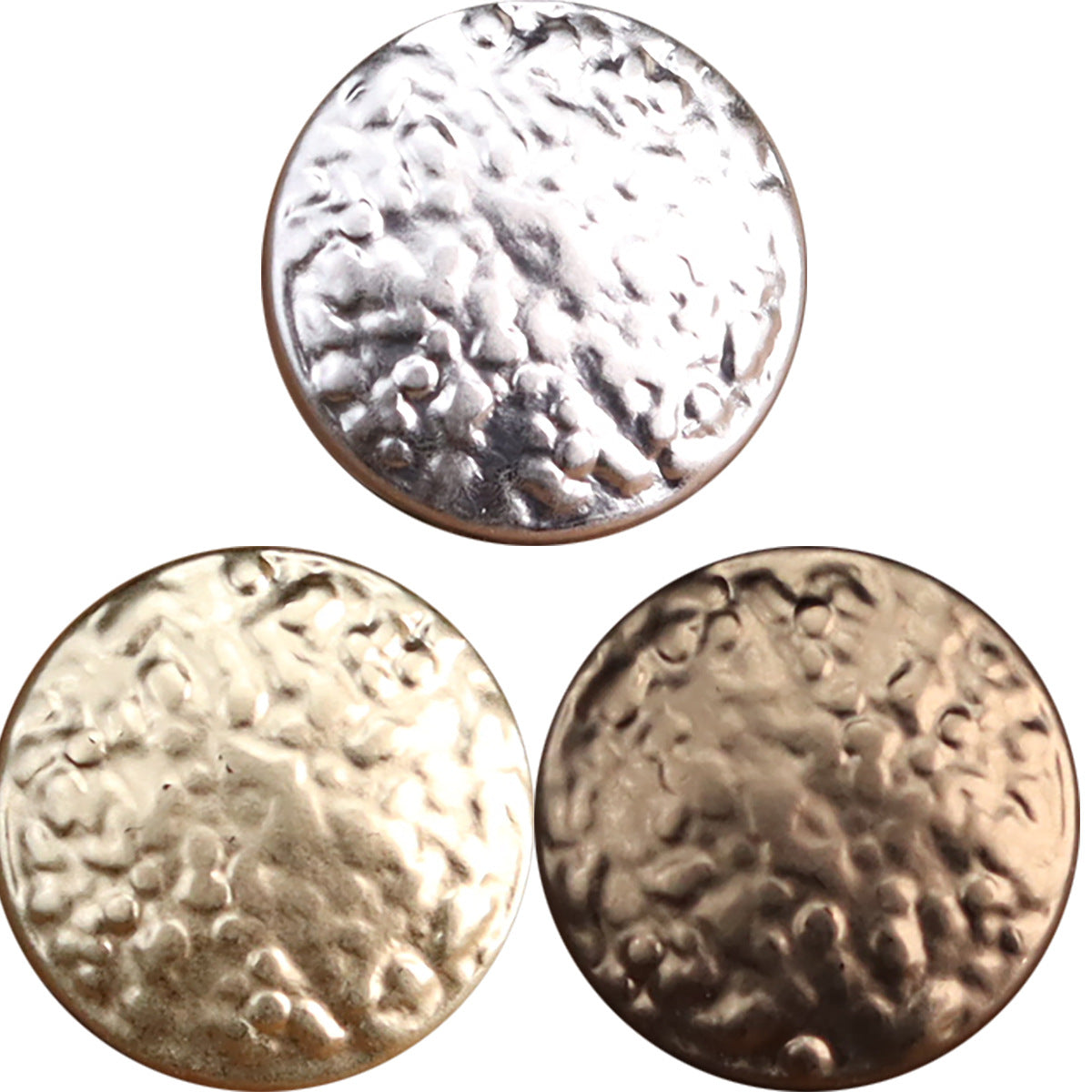 Round metal shank buttons with vintage wave embossing; silver and gold tones, 3-pack view.