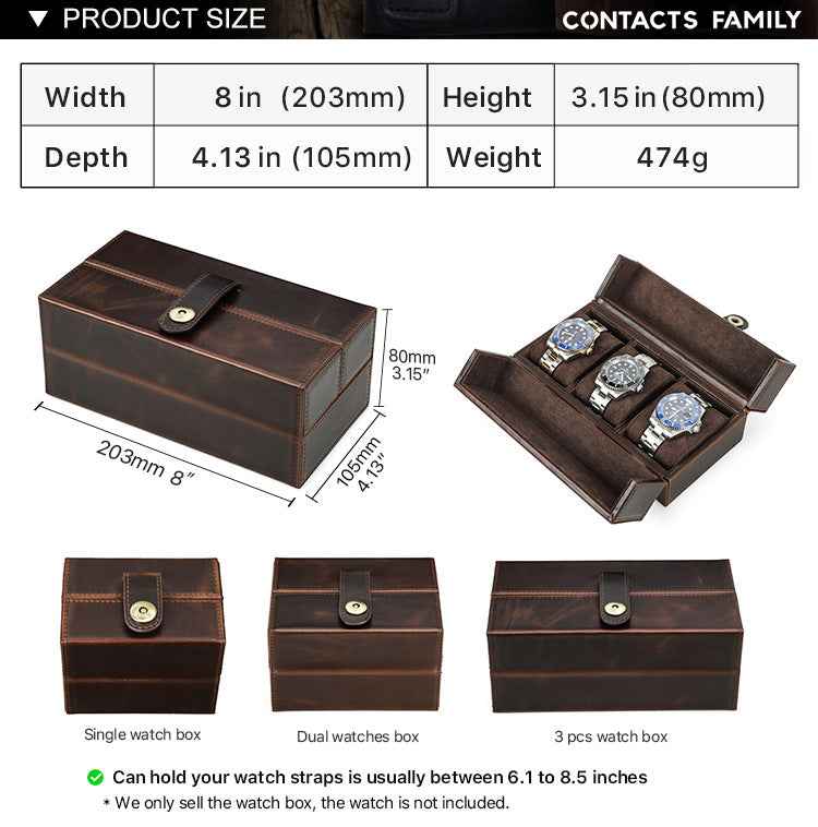 Genuine Vintage Oil Leather Travel 3 Watches Case Organizer