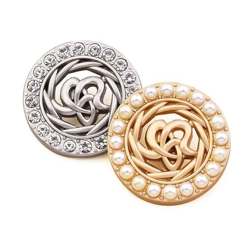 Round coat buttons set: silver rhinestone and gold pearl styles, spiral center design