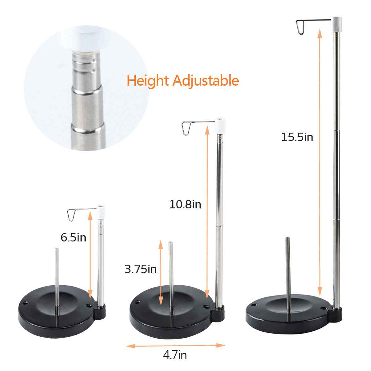 Height-adjustable thread spool cone stand, tall metal pole with hanging hook