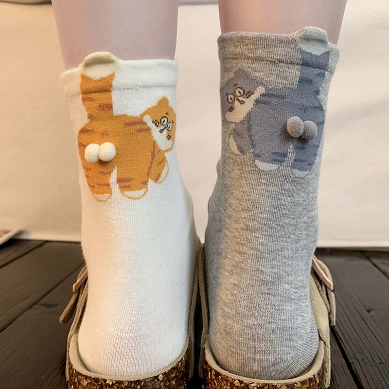 Cartoon Egg Cat Funny Crew Socks | Cute Animal Cotton Mid-Calf Socks for Women | 3-Pack (White/Grey/Black)