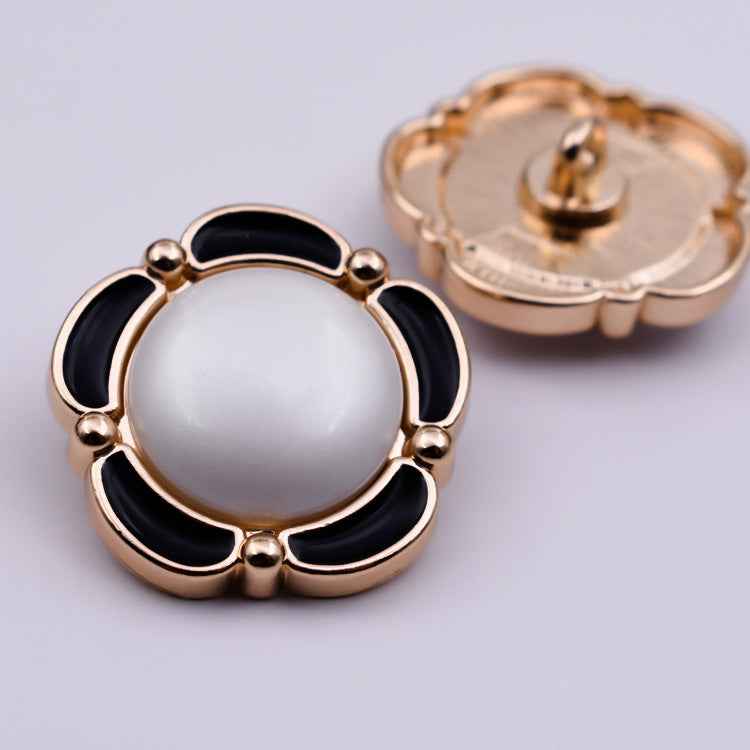 Victorian shank buttons, round floral lace design, white enamel with gold tone