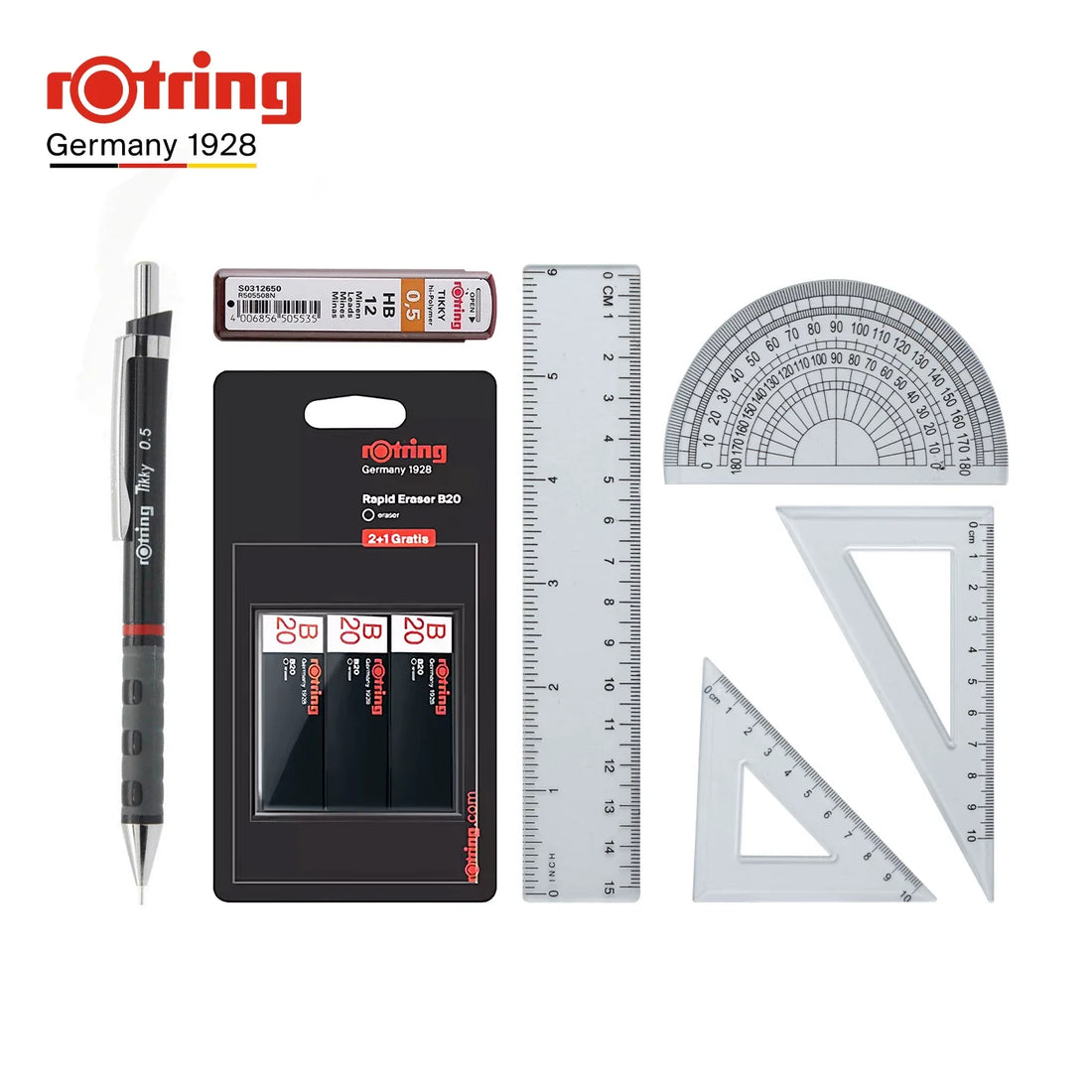 rOtring Tikky Mechanical Pencil Complete Set – 0.5mm Pencil + B20 Erasers + 0.5mm Lead Refills + 4-Piece Ruler Set Blue