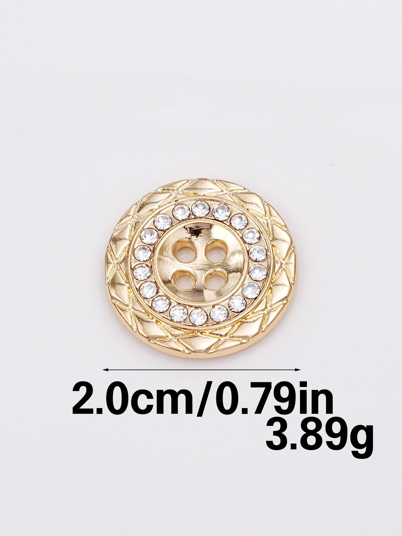 Gold round rhinestone button with 4 holes, 20mm, ornate lattice edge