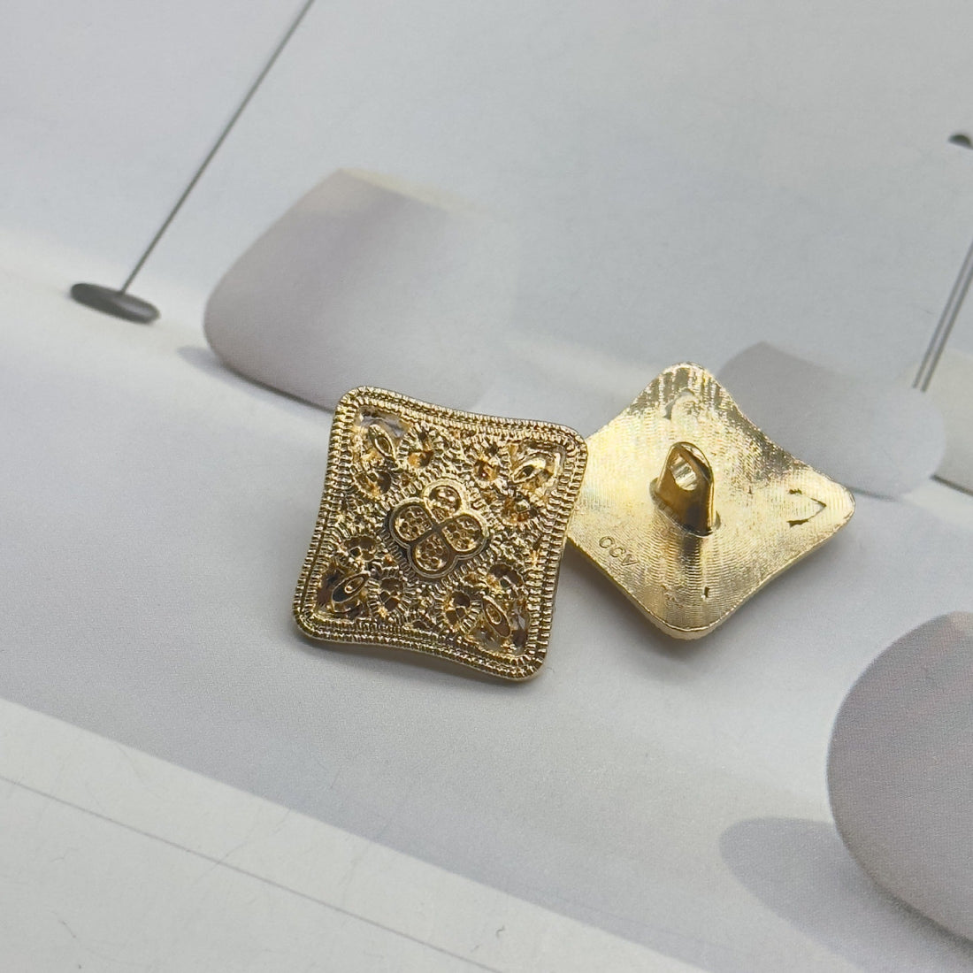 Square gold vintage metal shank buttons, ornate filigree pattern