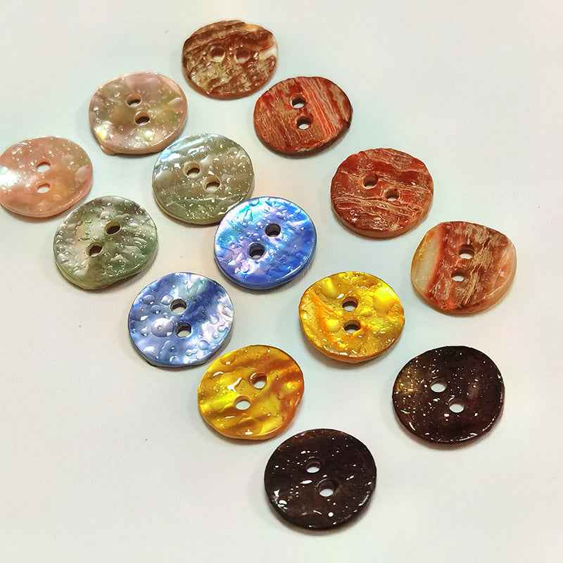 Round watercolor abalone shell buttons, mixed colors, two-hole design, 18L pack.