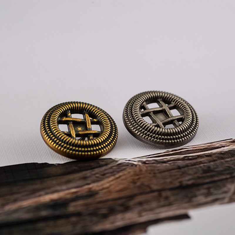 Two round woven border metal shank buttons: antique gold (left) and antique silver (right).
