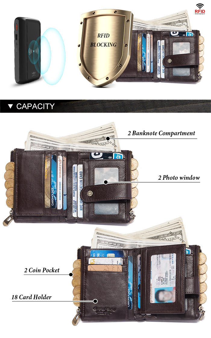 RFID Genuine Leather Card Holder Men's Wallet Double Zipper