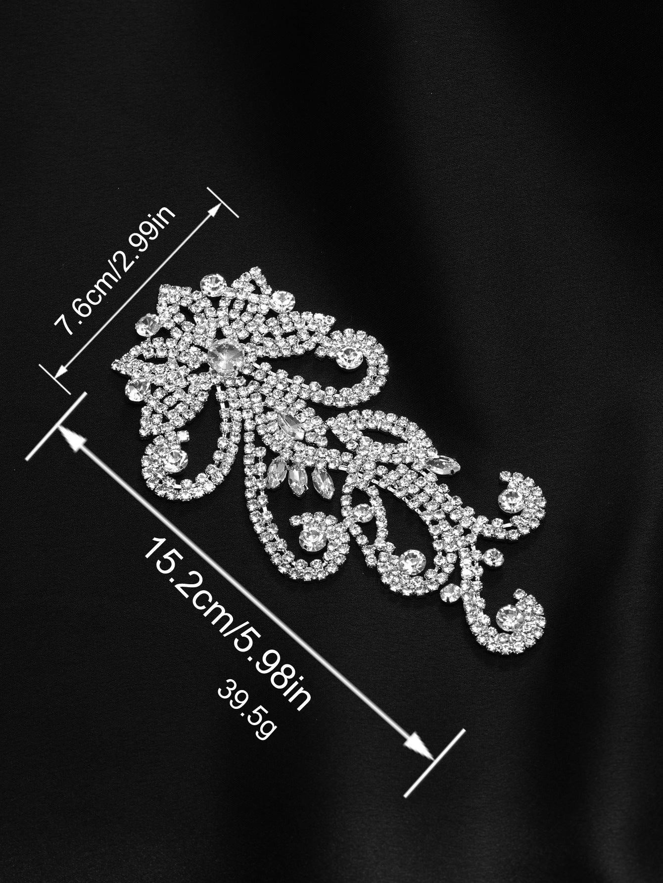 Silver rhinestone floral lace trim chain appliqué with teardrop loops and scalloped edges