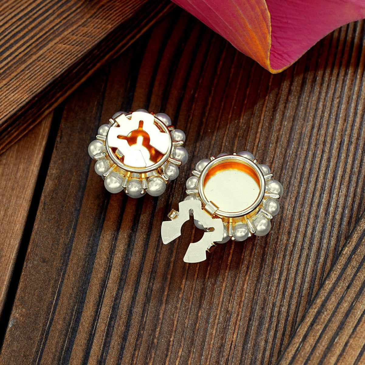 Pearl flower metal clamp buttons, gold and silver settings with white bead clusters.