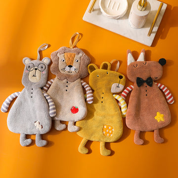 Cartoon Animal Hand Towels 4-Pack – Coral Fleece Hanging Bathroom Towels
