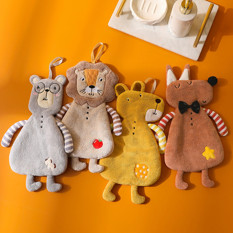 Cartoon Animal Hand Towels 4-Pack – Coral Fleece Hanging Bathroom Towels