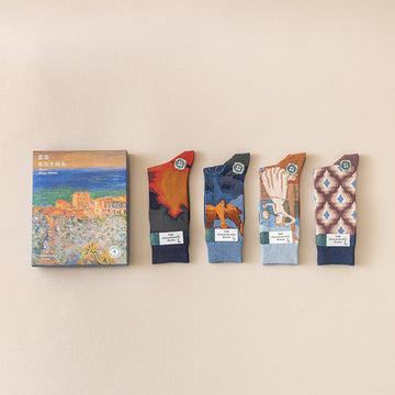 Monet-style cotton socks 4-pack: red/blue/camel/purple art prints with toe and cuff details