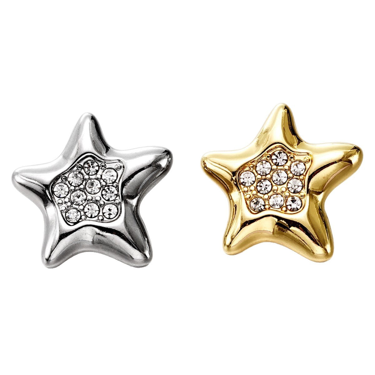 Stern-Knopf Set: silberner und goldener Metallstern mit Strass und Metall-Öse