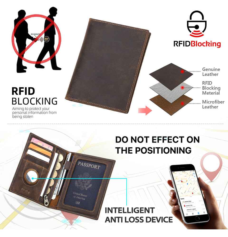 Full Grain Leather Airtag Passport Holder RFID Blocking Travel Wallet