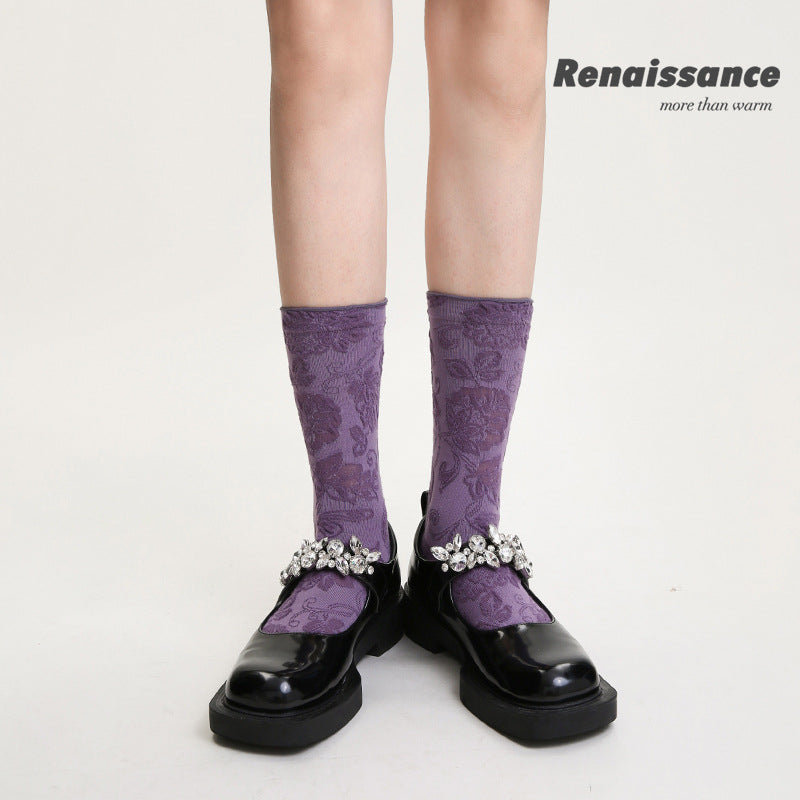Purple embroidered floral mid-calf socks with subtle botanical texture