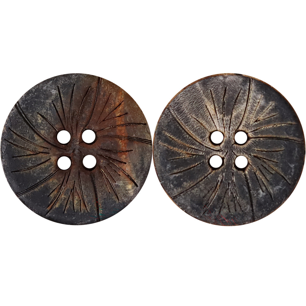 Pair of dark round 4-hole carved horn buttons