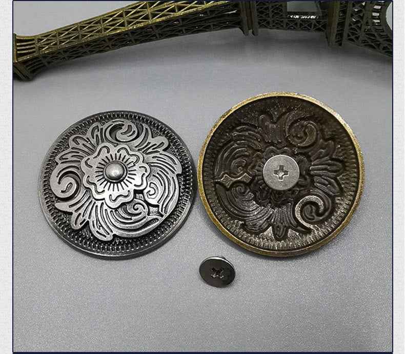 Antique silver round stud buttons with ornate arabesque screw-back design
