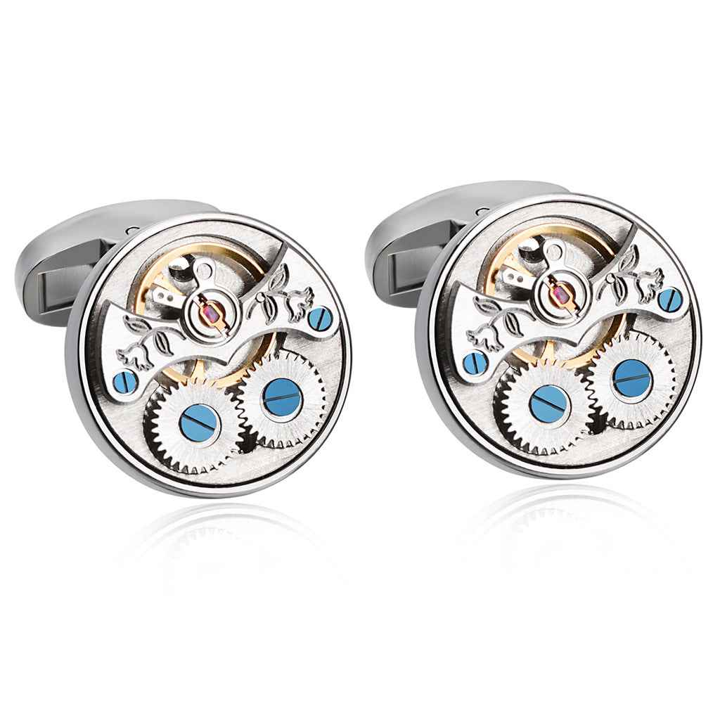 Manschettenknöpfe mit offenem Tourbillon-Uhrwerk, silberfarben, blaues Detail.
