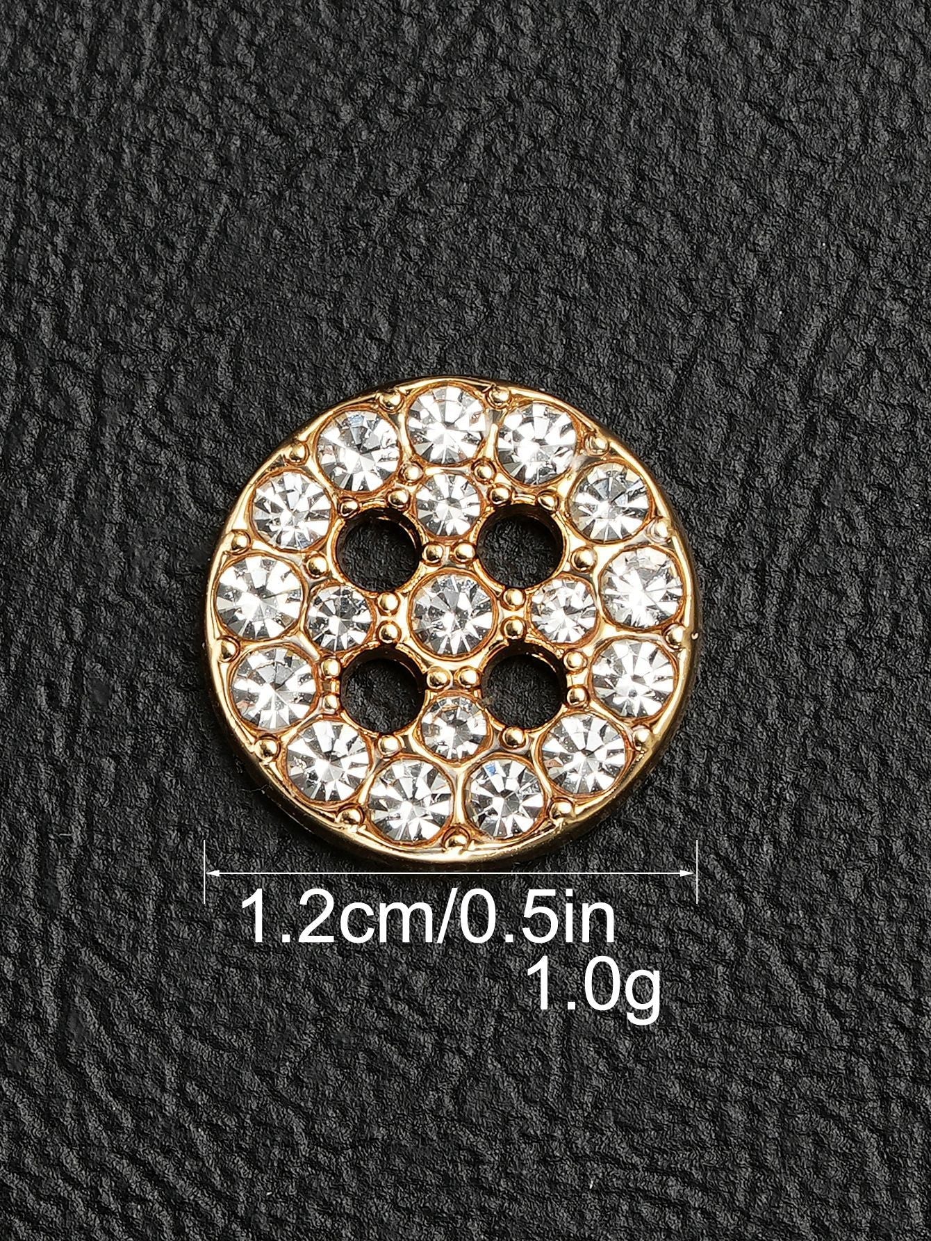 Gold round rhinestone 4-hole shirt button with crystal-studded circular design