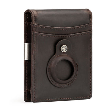 RFID Top Grain Leather Card Holder Wallet with AirTag Slot Coffee