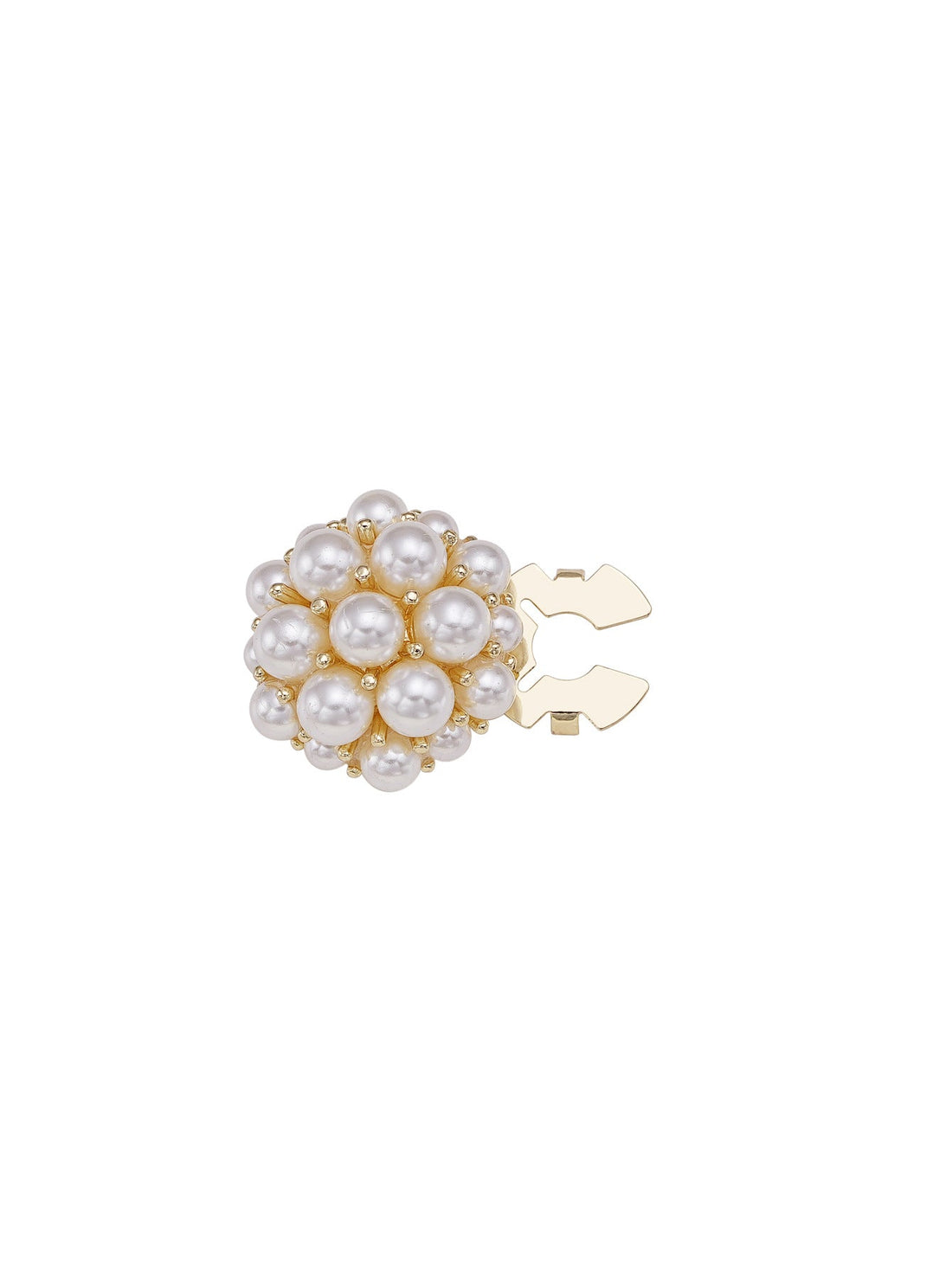 Gold pearl flower metal clamp button with white pearl cluster and metal clasp tabs.