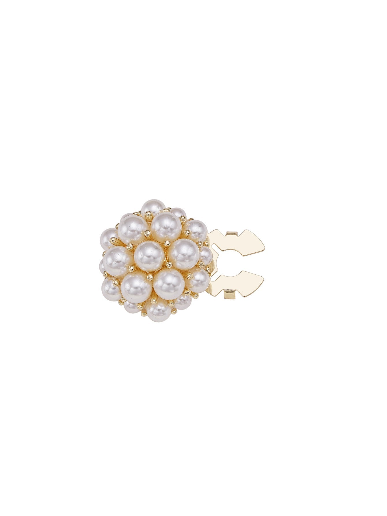 Gold pearl flower metal clamp button with white pearl cluster and metal clasp tabs.