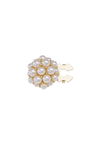 Gold pearl flower metal clamp button with white pearl cluster and metal clasp tabs.