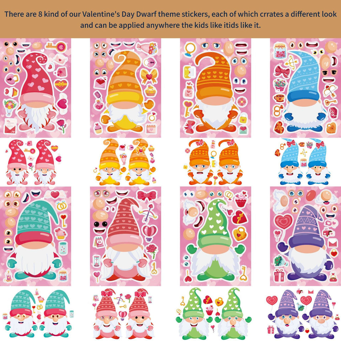 Make a Face Valentine's Day Dwarf Stickers for Kids 32 Sheets