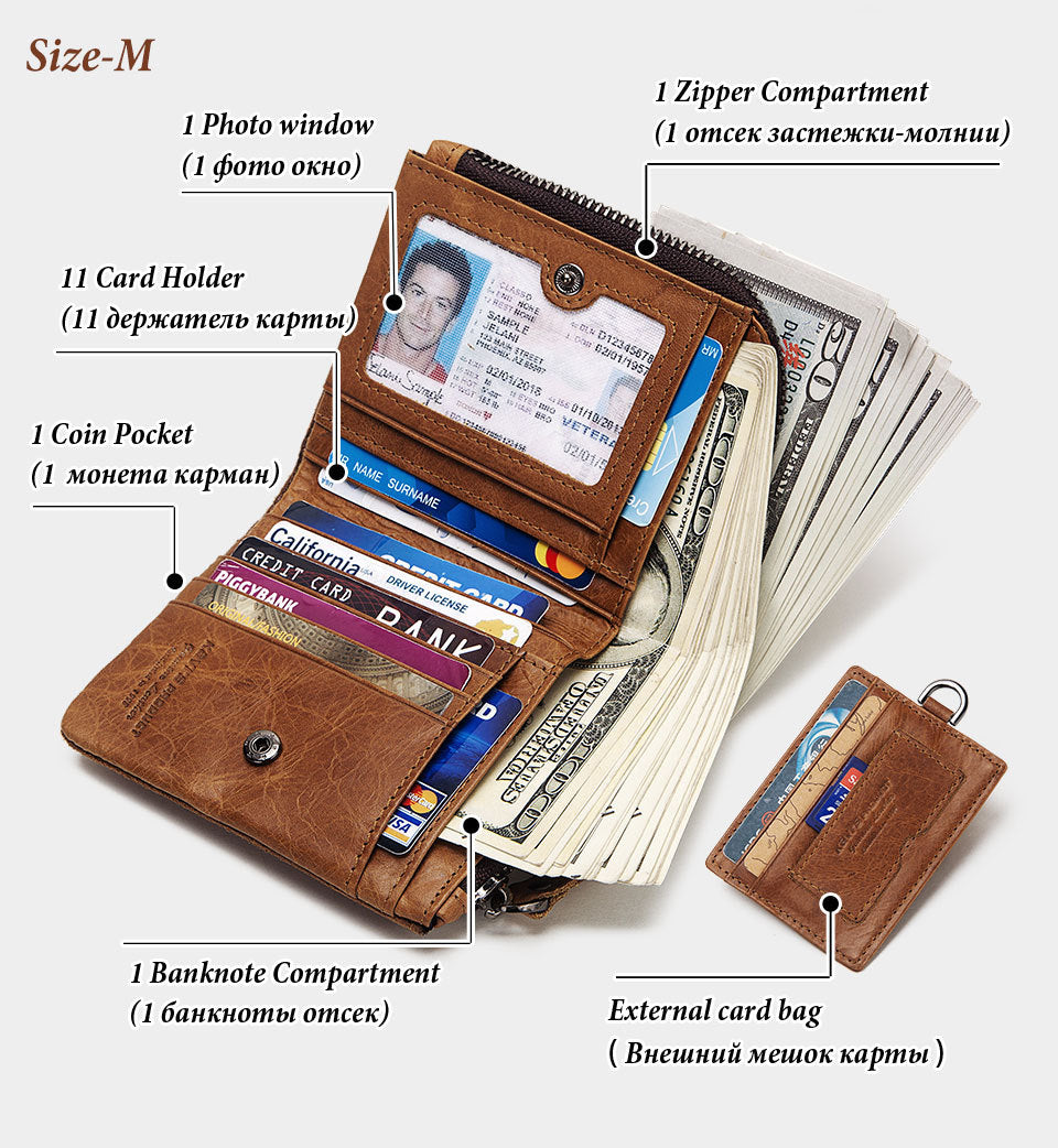 Brown Genuine Cowhide Leather Men's Short Wallet, Zip Around