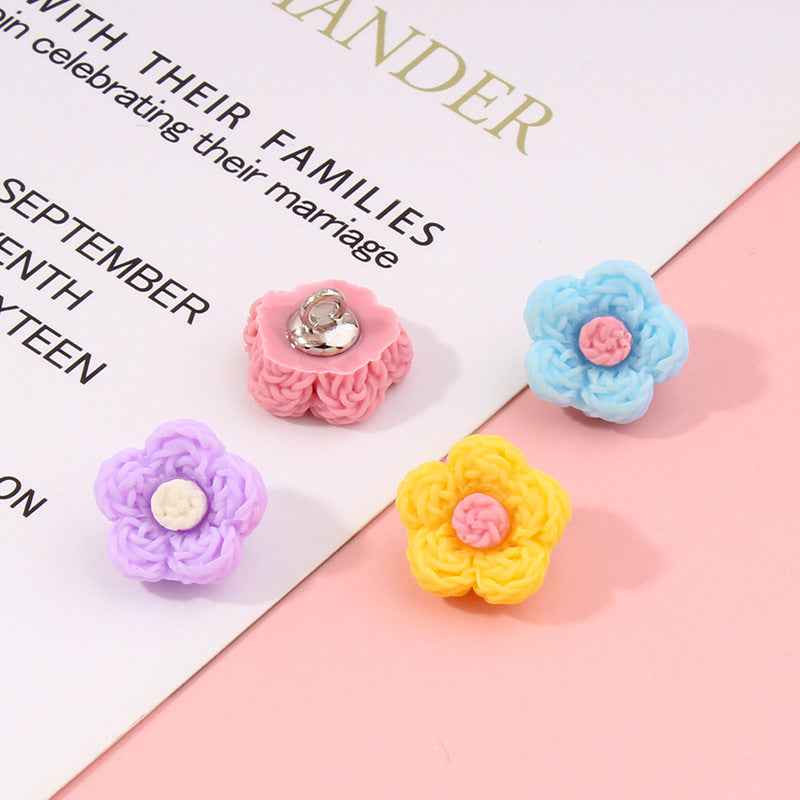Mixed flower plastic buttons, 13mm, 42pcs; purple, blue, green, yellow, pink