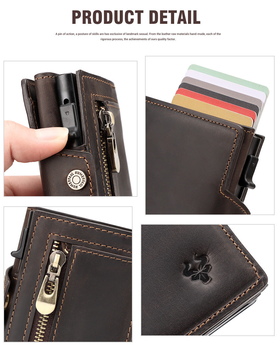 Waxed Leather Wallet Coin Purse,Auto-Eject RFID Metal Card Case