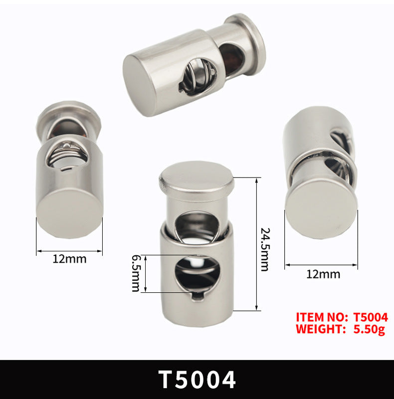 Metal spring drawstring cord stopper, single-hole flat cylinder, silver tone
