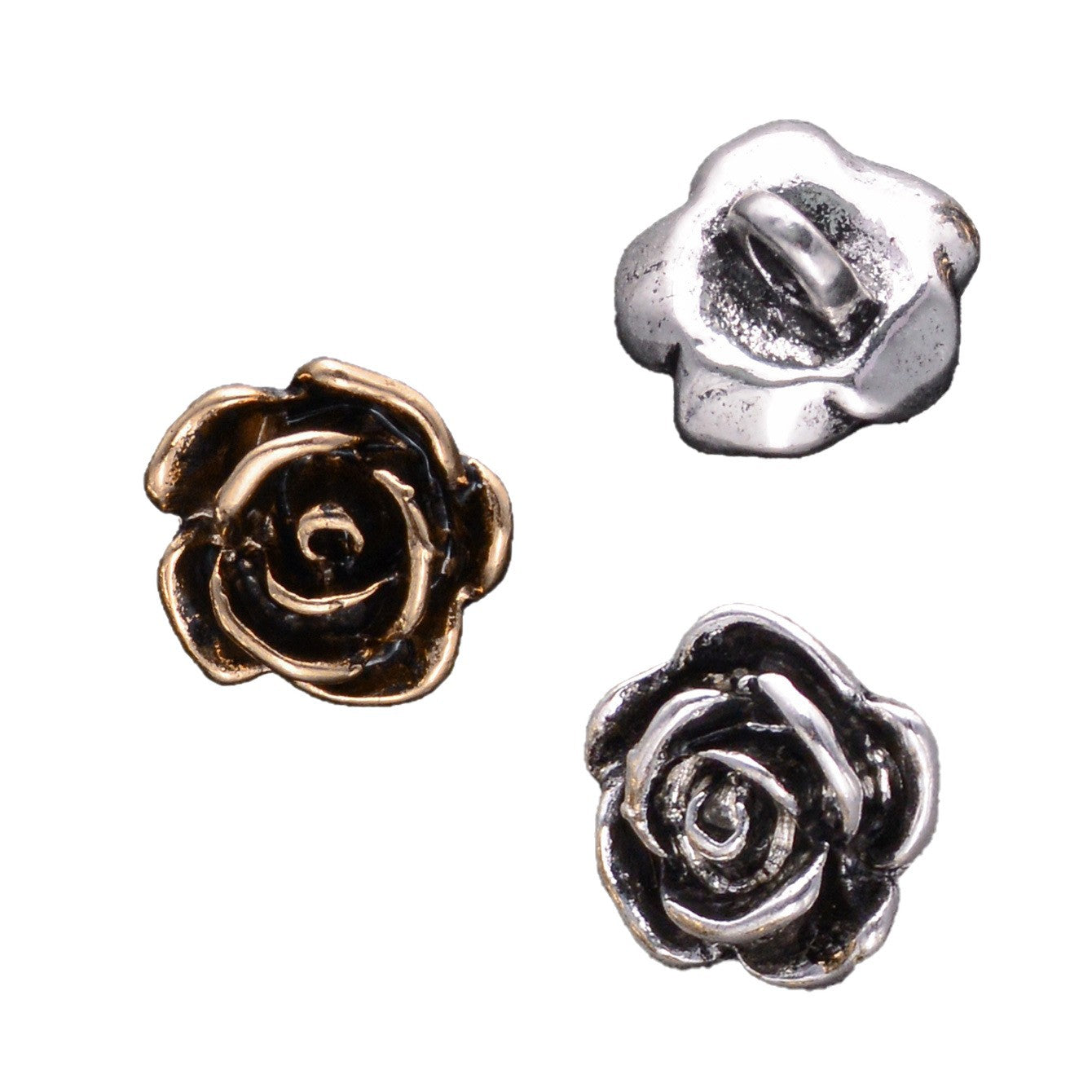 Rosen-Metallknöpfe (Silber/Gold) mit Schlaufe, Vorder- und Rückseite