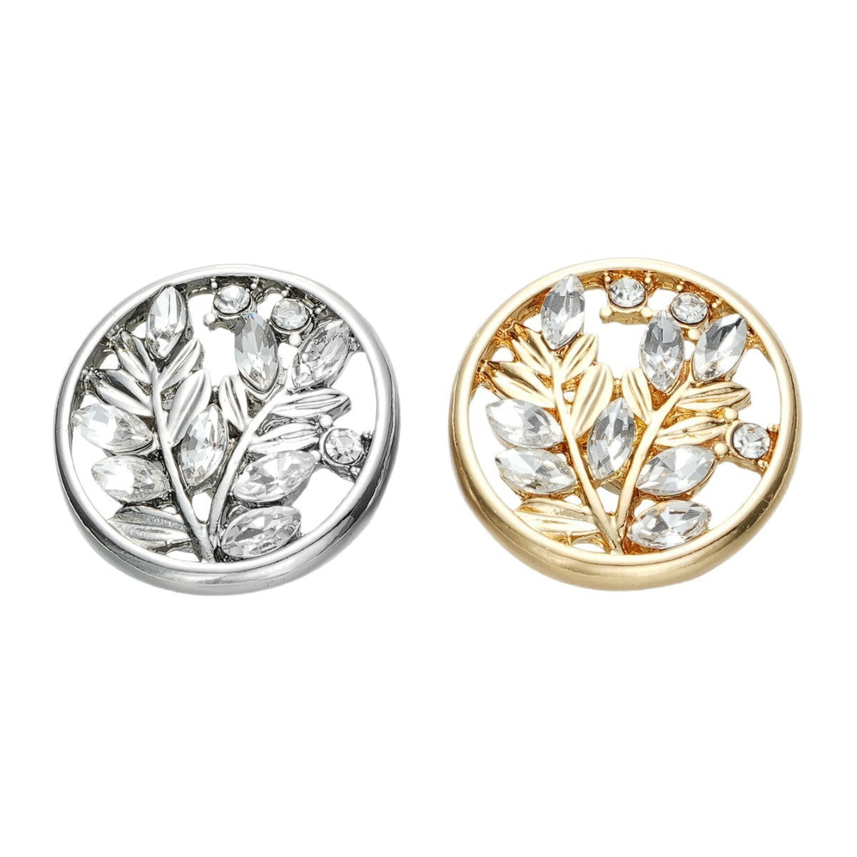 Set of round crystal flower metal shank buttons: silver and gold finishes