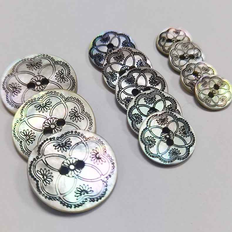 Black patterned mother-of-pearl shell buttons, ornate floral, 2-hole, round