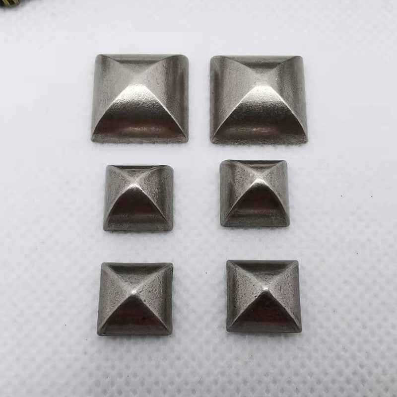 Silver pyramid stud rivets, square studs with central peak (front), 30-pack