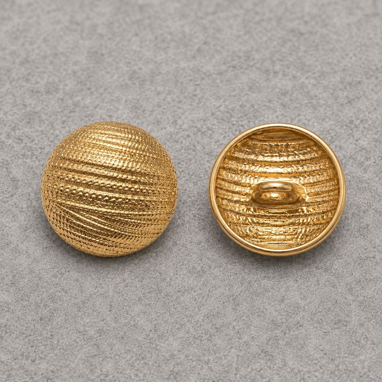 Gold mesh round shank button and front cap, metallic woven surface