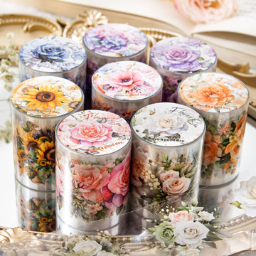 8PCS Sunflower & Rose Floral PET Washi Tape Set for Journaling DIY